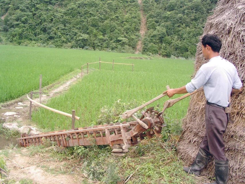 農民在使用木製自動水車灌溉農田