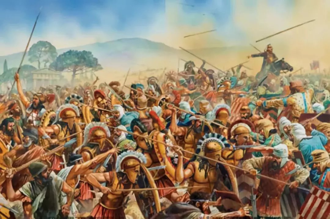 斯巴達人領銜的希臘步兵與波斯主力軍間的戰鬥