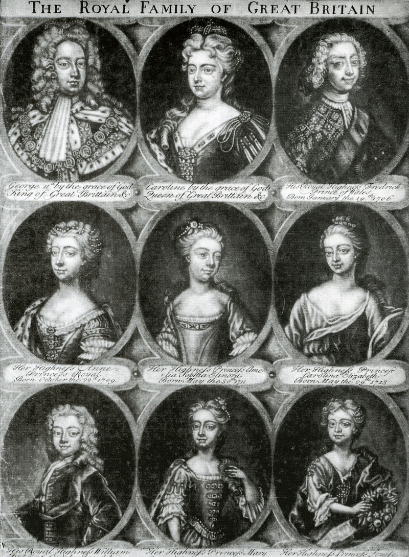 雕刻著喬治二世夫婦和他們倖存下來的七個孩子的版畫