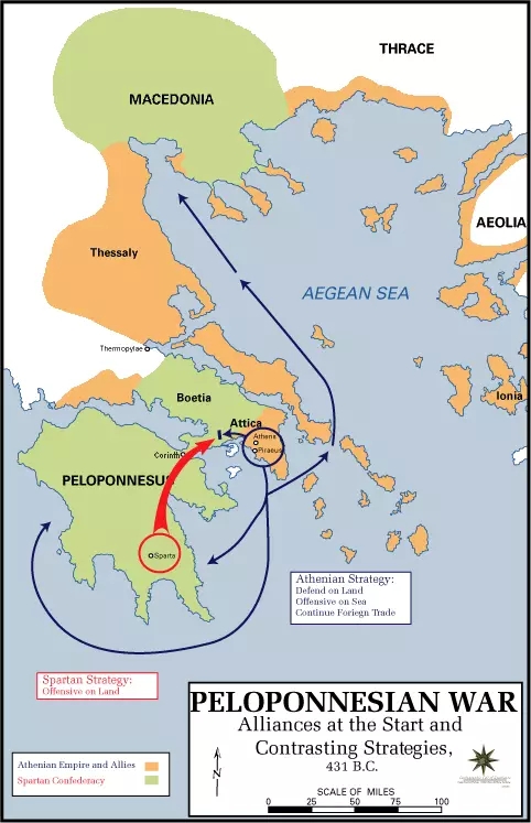 伯羅奔尼撒戰爭開始後雙方各自在陸地與海上開始了攻勢