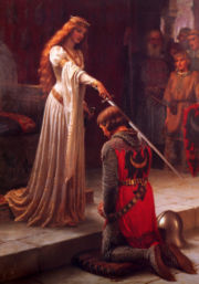 君主把劍放平，封一名青年為騎士。