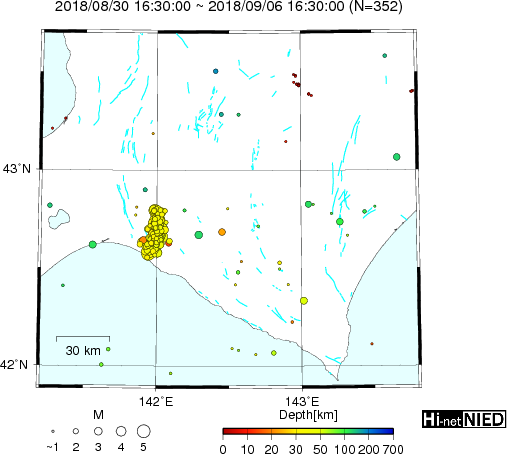 地震發生一周內餘震震源活動分布圖（NIED）