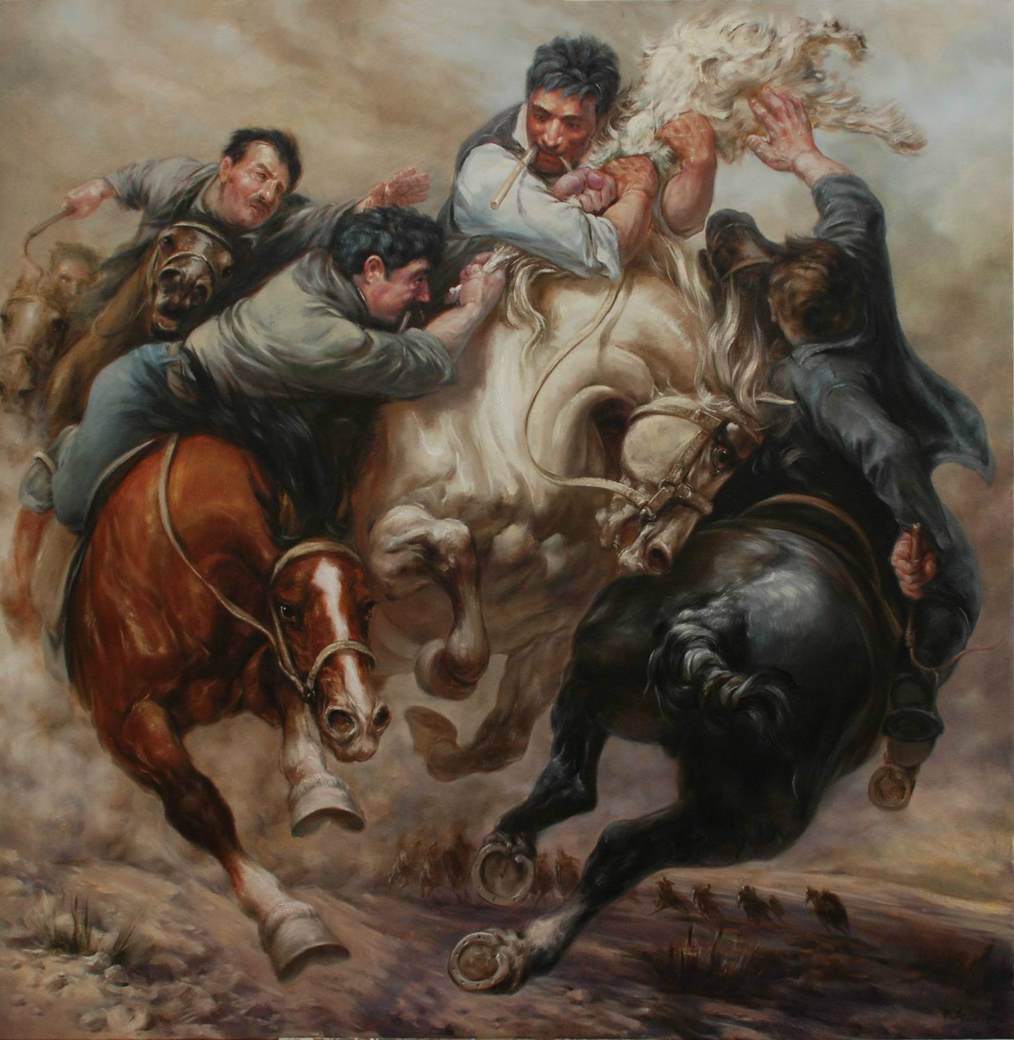 油畫作品《叼羊》(160×160cm)