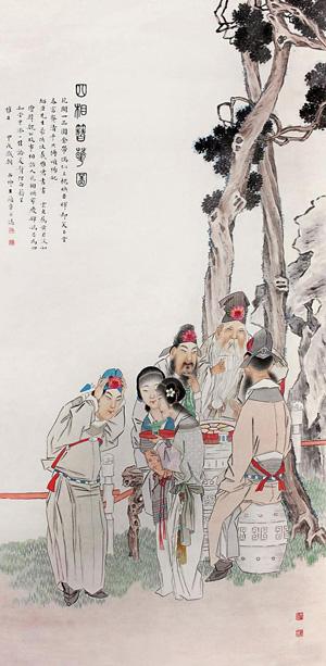 清代畫家李墅畫的《四相簪花圖》扇頁