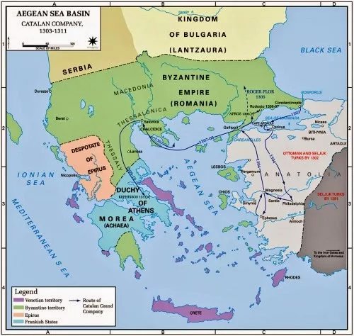 傭兵團在小亞細亞半島和巴爾幹半島的行軍路線