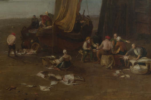 油畫“霧中日出”-漁民在海邊忙碌的景象