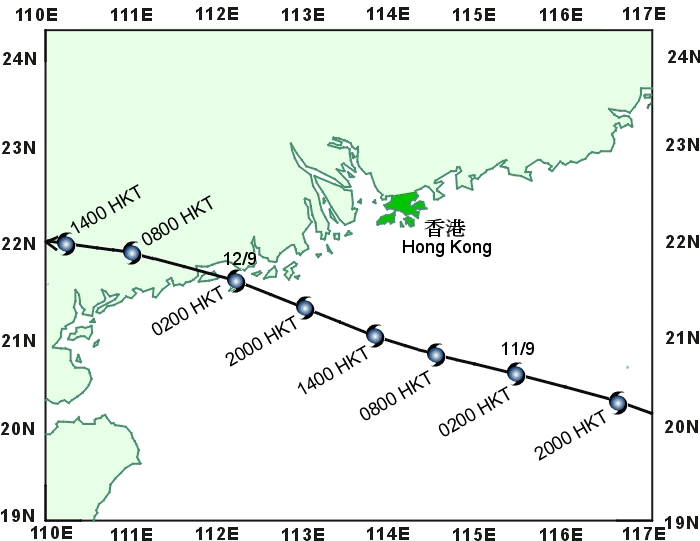 黑格比接近香港時的路徑圖