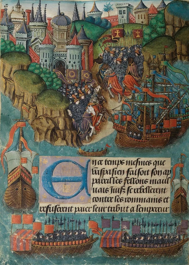 中世紀手抄本上的 維斯帕先率軍朝聖地進發