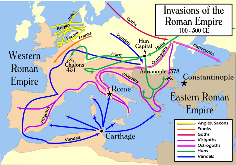 100－500年日耳曼人與匈人入侵羅馬的路線圖