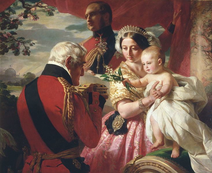 威靈頓公爵在向亞瑟王子，維多利亞女王和阿爾伯特親王展示禮物。