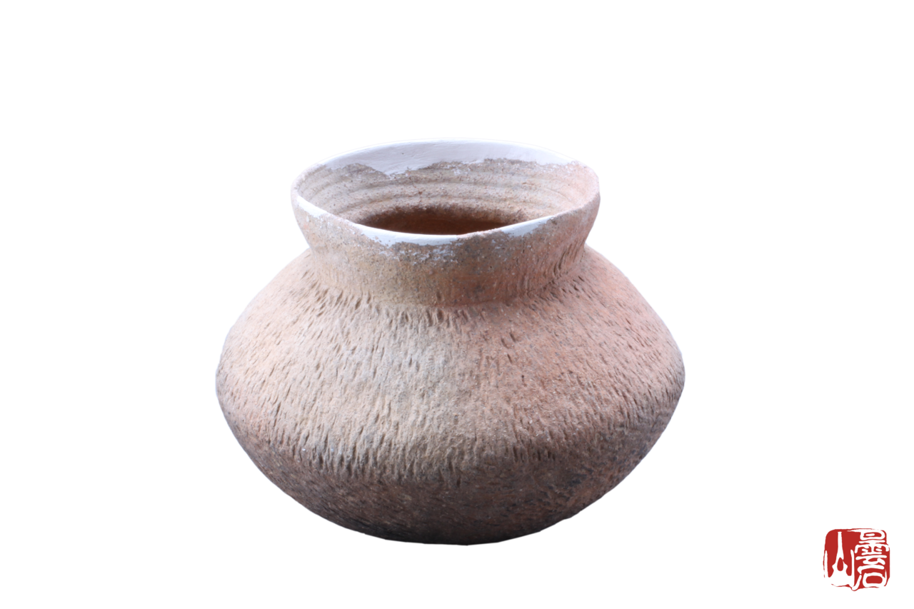 新石器時代夾砂紅褐陶鼓腹繩紋陶罐