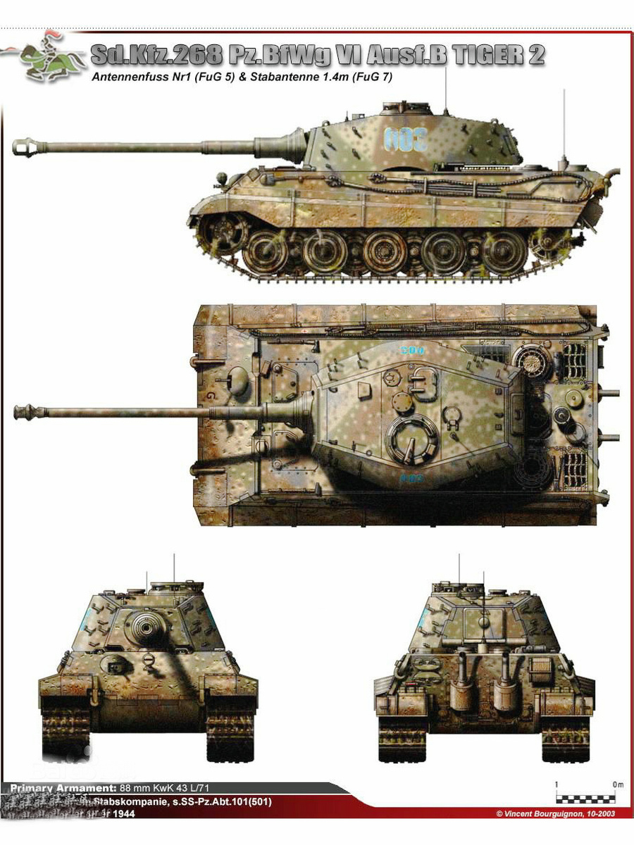 虎王式重型坦克彩色四視線圖