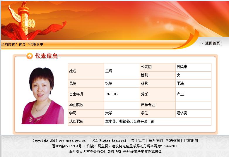 山西省官方網站人大代表王輝“代表信息”