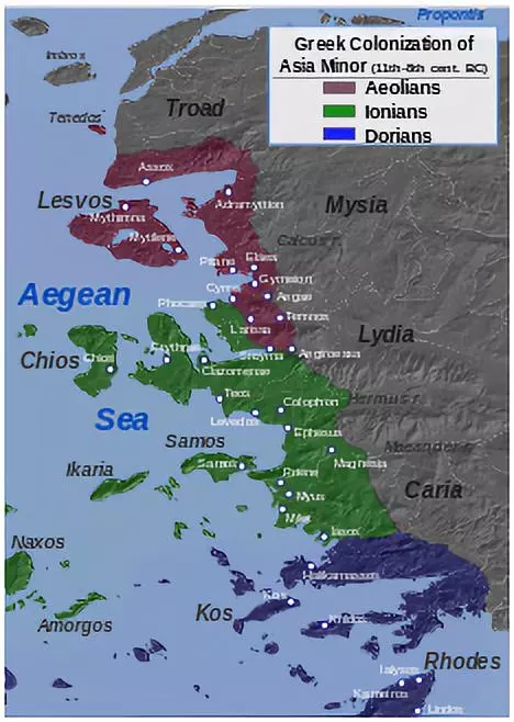 希臘人在愛琴海東部的主要殖民區域分布