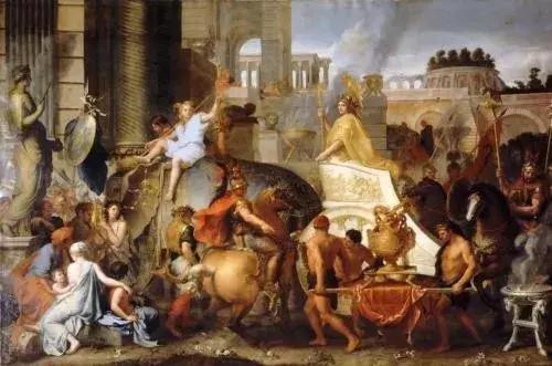 戰後 亞歷山大乘坐俘虜的波斯帝王戰車進入巴比倫