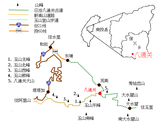 由圖可見八通關乃交通要塞，可通玉山等地，為登山必經之處。