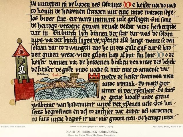 中世紀手抄本上關於腓特烈死於河中的片段