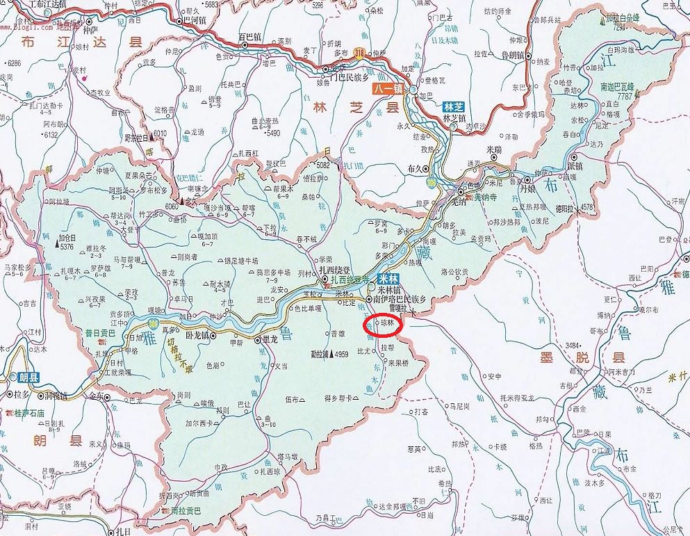 瓊林村在米林縣位置示意（紅色圈處）