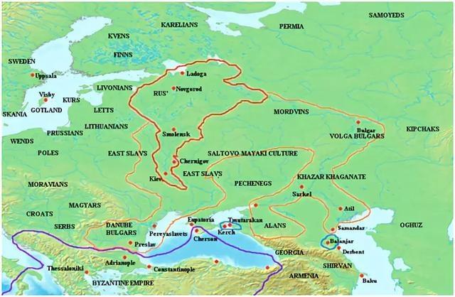 斯維亞托斯拉夫將疆域由紅色區域擴張到橙色面積