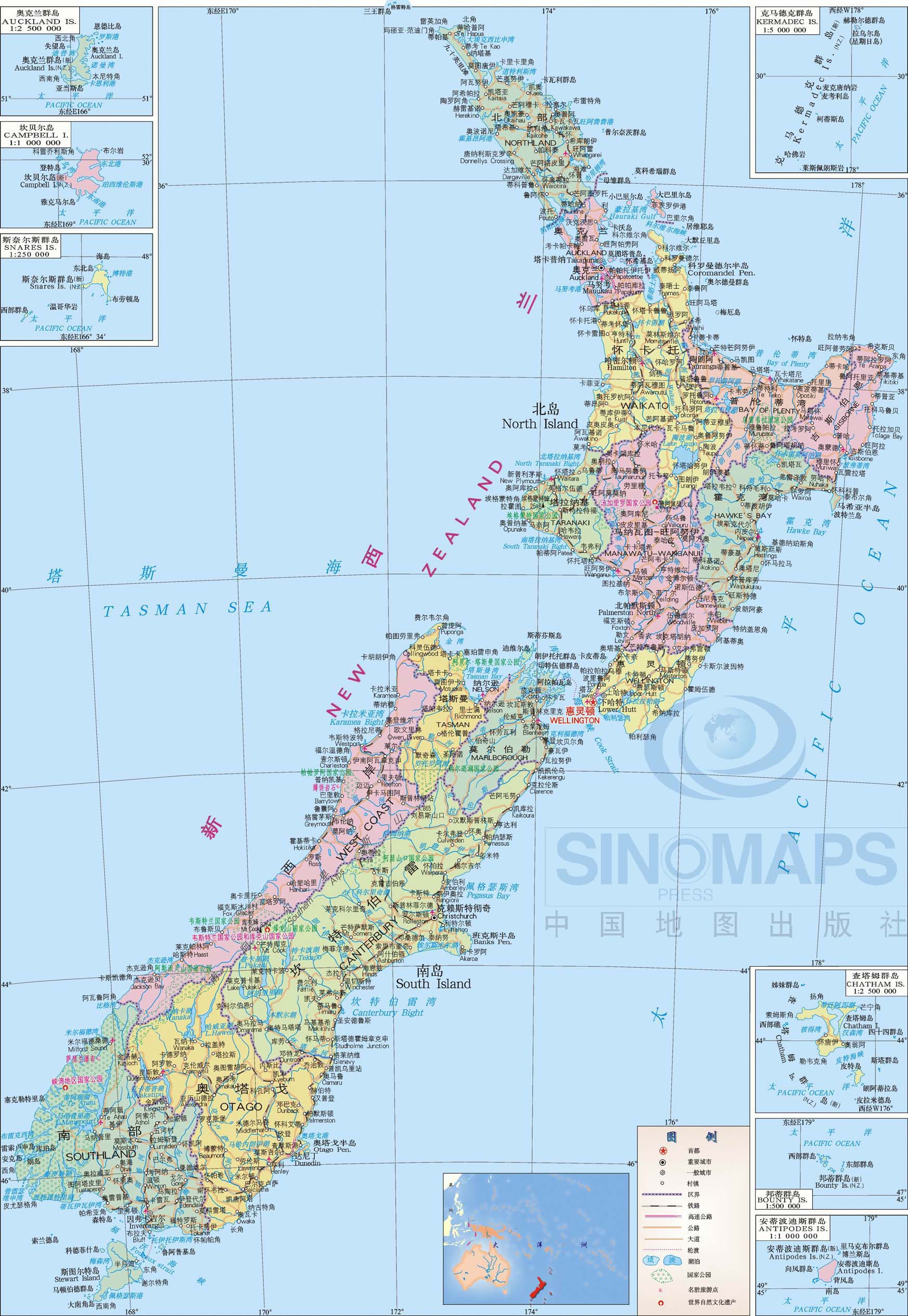 新西兰地图中英文对照版全图 - 中英世界地图 - 地理教师网