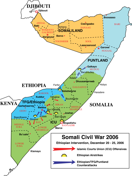 索馬里戰鬥區域分布圖，2006年12月25日