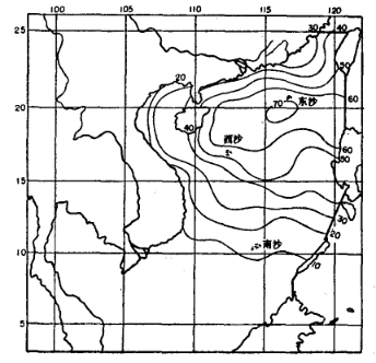 圖1 南海海區及南海颱風頻數分布