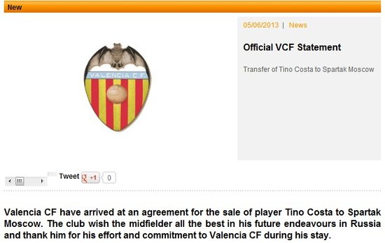 瓦倫西亞官方網站宣布蒂諾科斯塔離隊的網頁