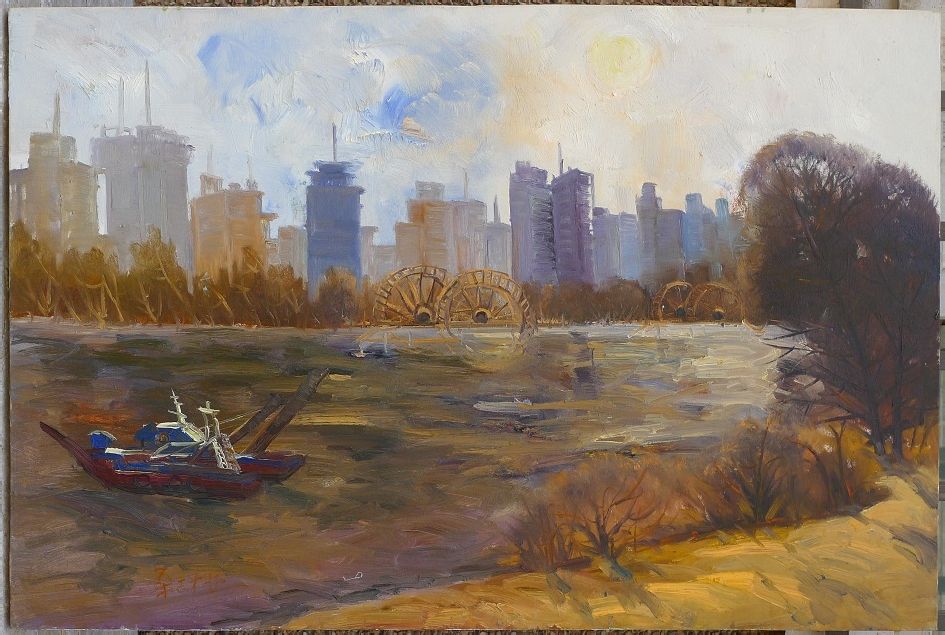 桑吉才讓油畫作品《城市 黃河 水車》