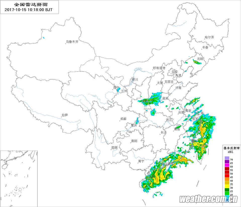颱風卡努的倒槽雲系在華東製造暴雨的雷達圖