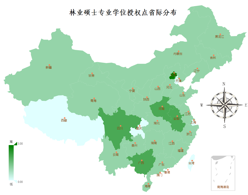 林業碩士專業學位授權點省際分布