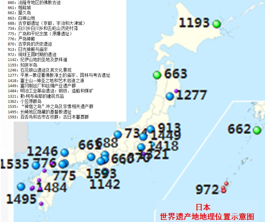 日本世界遺產地地理位置示意圖
