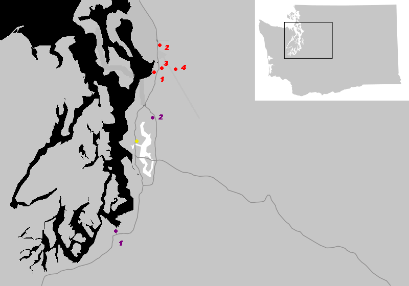 地圖中黃色為西雅圖校區，紫色為貝瑟校區。