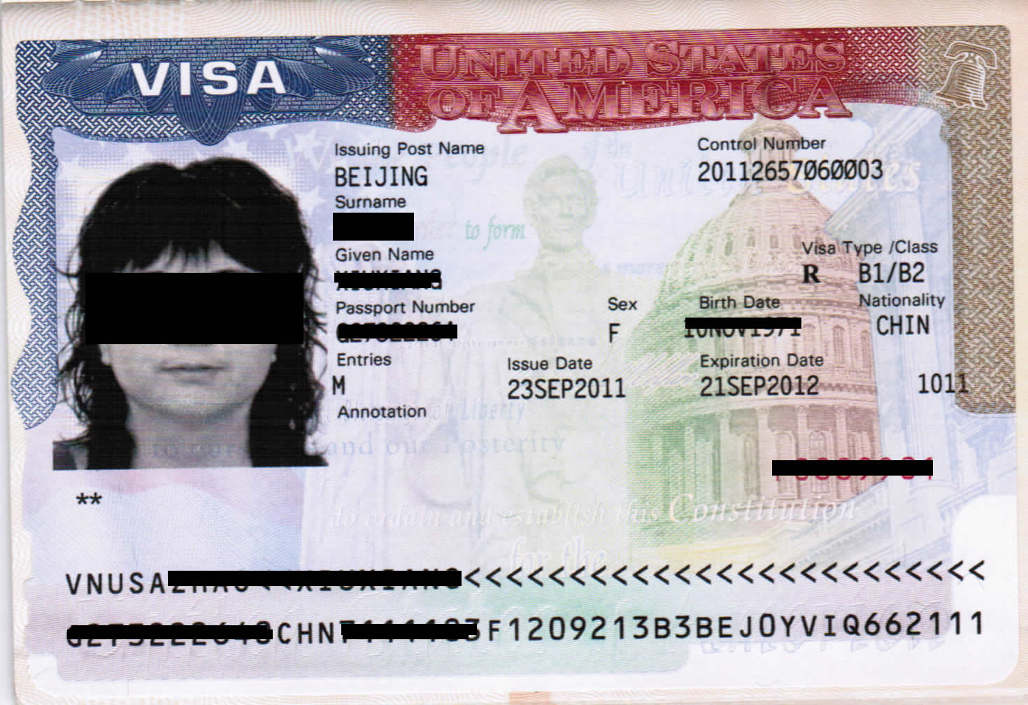 美國旅遊簽證樣本