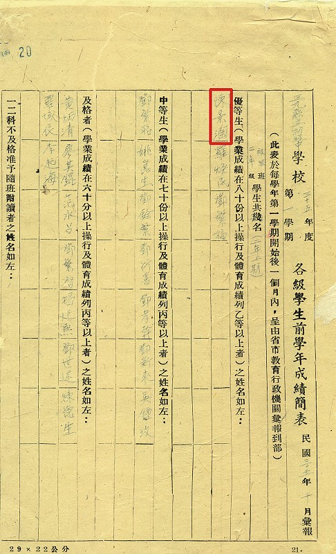 陳景潤1946年初一成績單1