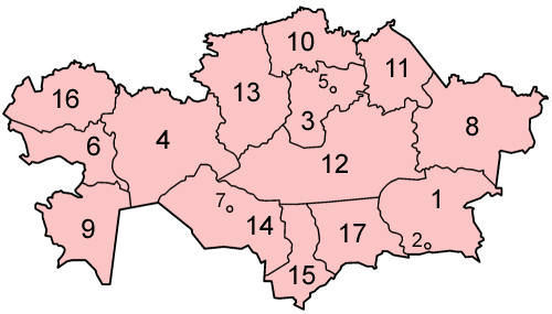 哈薩克斯坦直轄市分布圖