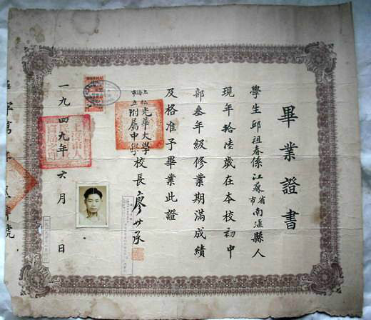 1949年光華大學附屬中學畢業證書