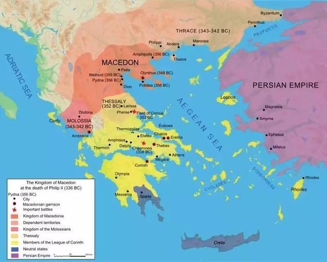 馬其頓王國（橙）與他的希臘同盟（黃）