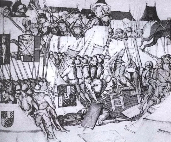 中世紀手抄本上 瑞士人正突入勃艮第工事