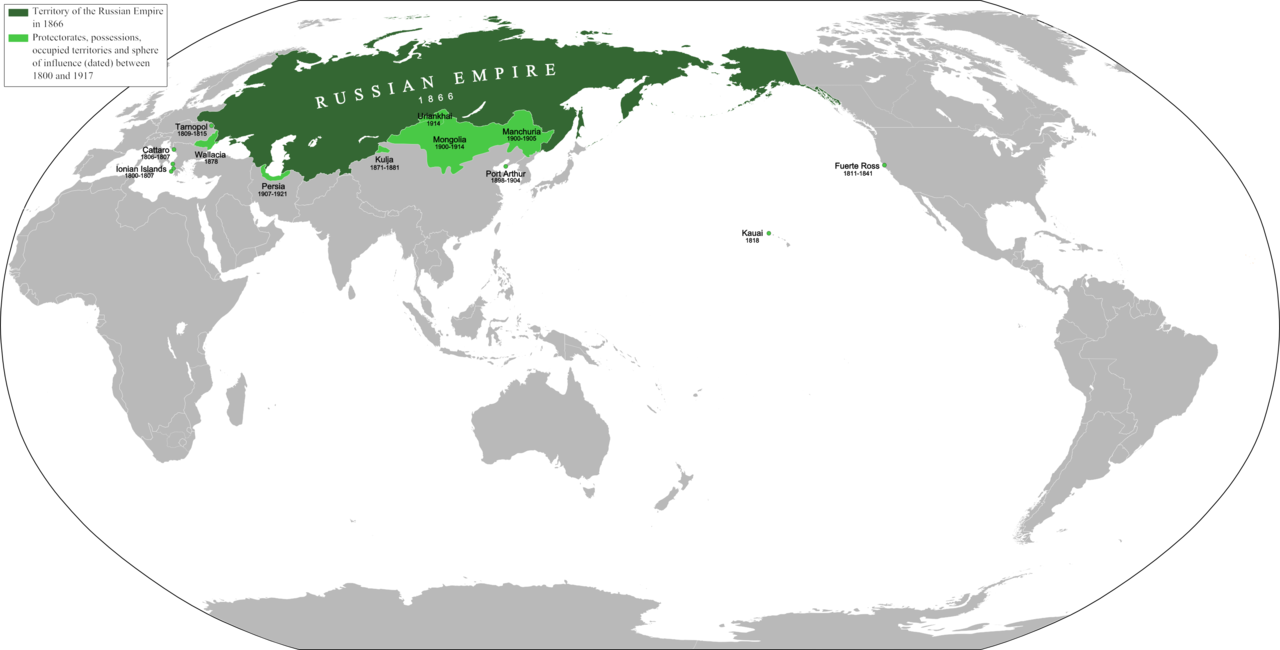 1866年，深綠：正式領土；淡綠：勢力範圍