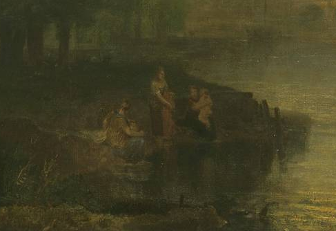 油畫中描繪的在里奇蒙河岸邊嬉戲的人物