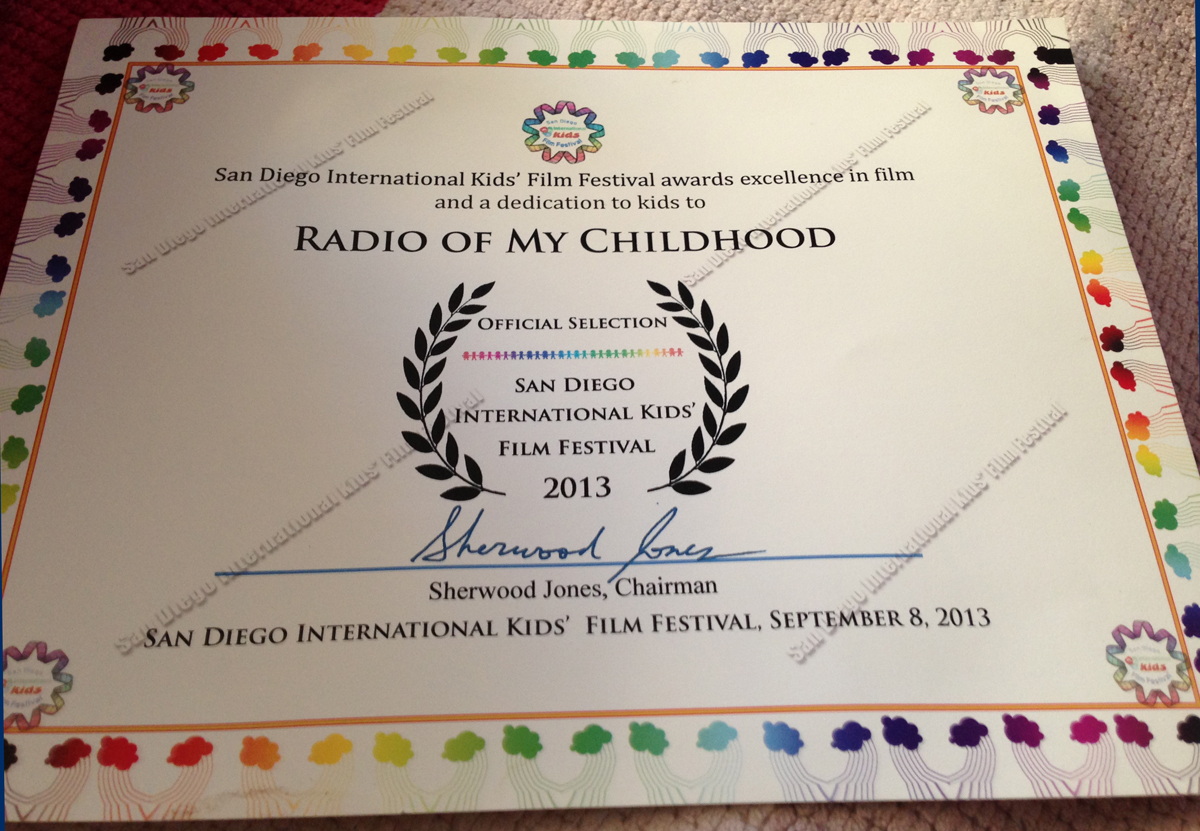 本片在美國聖地亞哥國際兒童電影節獲獎證書