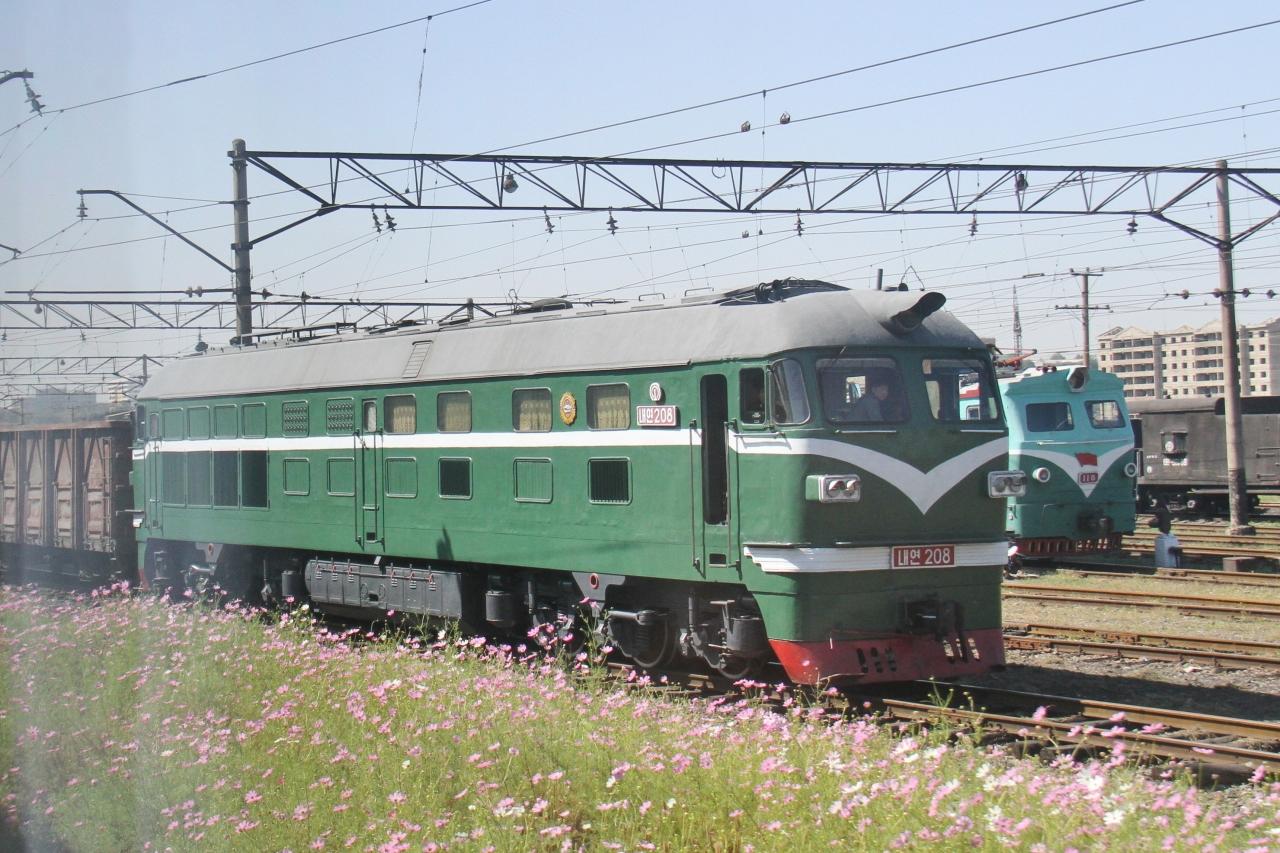 朝鮮鐵路的東風4型內燃機車牽引貨運列車，編號내연208