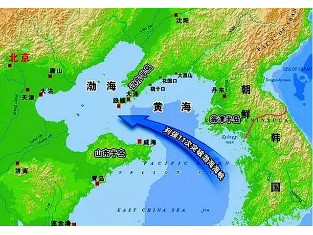 近代史世界列強11次突破渤海海峽示意圖