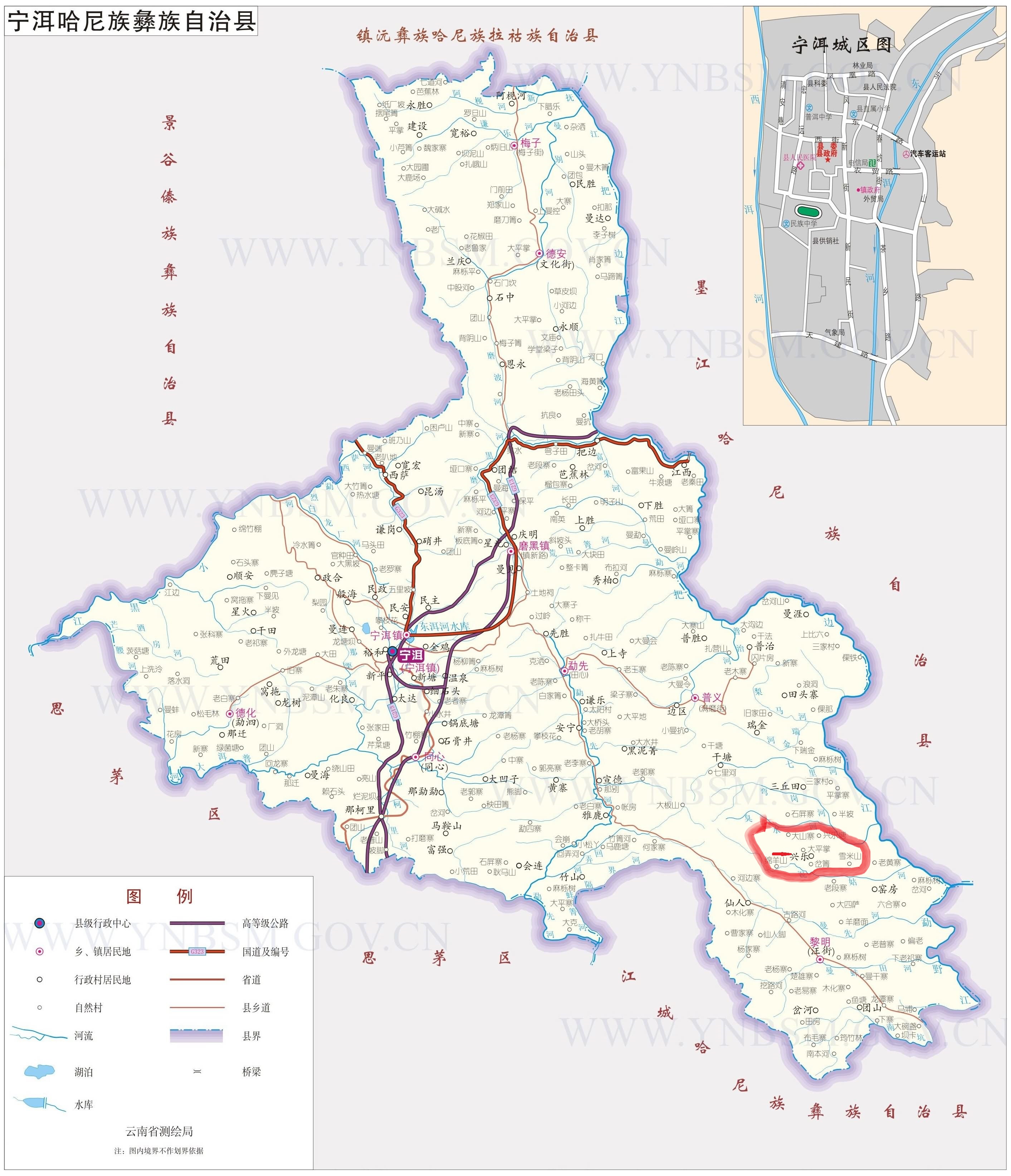 興樂村在寧洱縣位置（紅色部分）