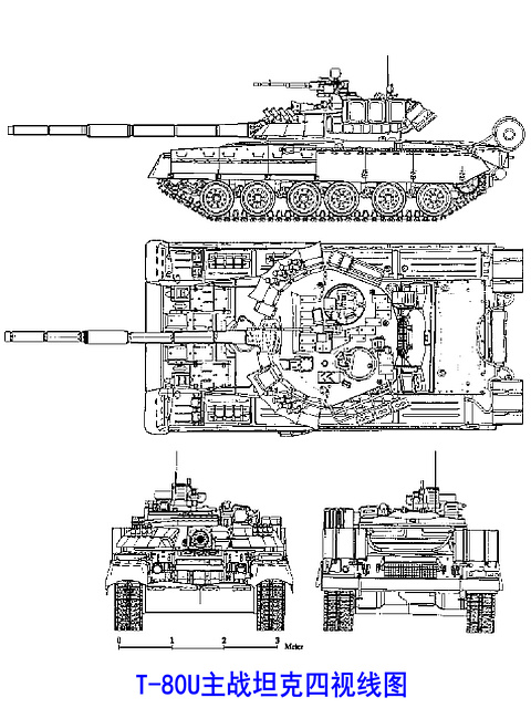 T-80U主戰坦克四視線圖