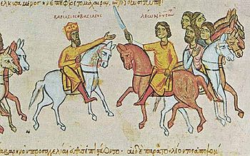巴西爾一世(左側騎馬者)和其次子利奧六世
