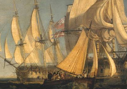 油畫中丹麥船的丹麥國旗在英國的國旗之下