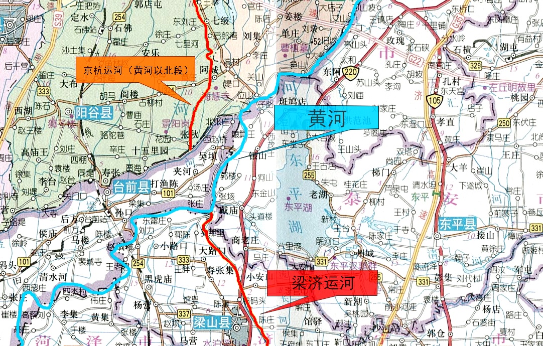 京杭運河、梁濟運河與黃河的地理關係　