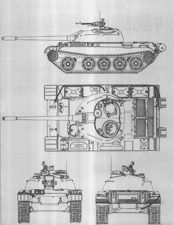 59式坦克三視圖 注意航向機槍射擊孔位於前裝甲板中部靠左位置