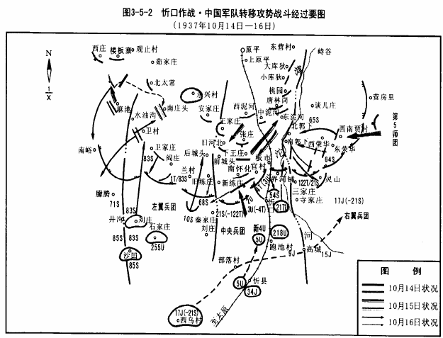 忻口作戰·中國軍隊轉移攻勢戰鬥要圖，1937年10月14日—16日